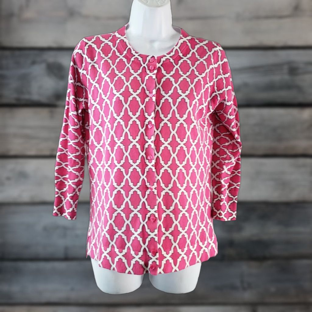 Vintage Crown & Ivy Womens Cardigan Sz Small Pink White Button Front 3/4 Sleeve Sh Size S / US 4 / IT 40 - 1 Thumbnail