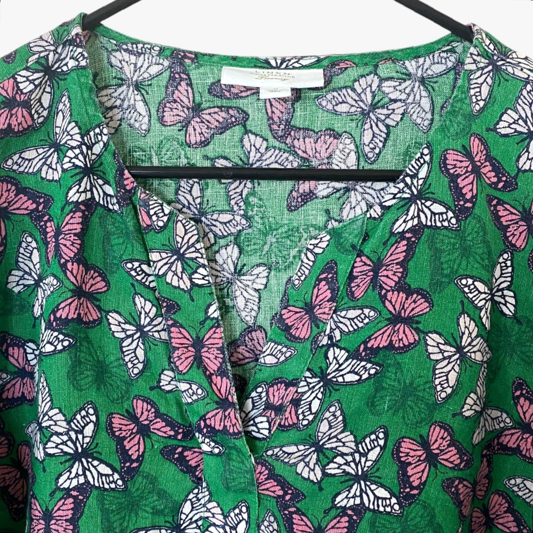 Charter Club VINTAGE Charter Club Linen Butterfly-Print Tie-Sleeve Top Green Women's Size Medium Size M / US 6-8 / IT 42-44 - 5 Thumbnail