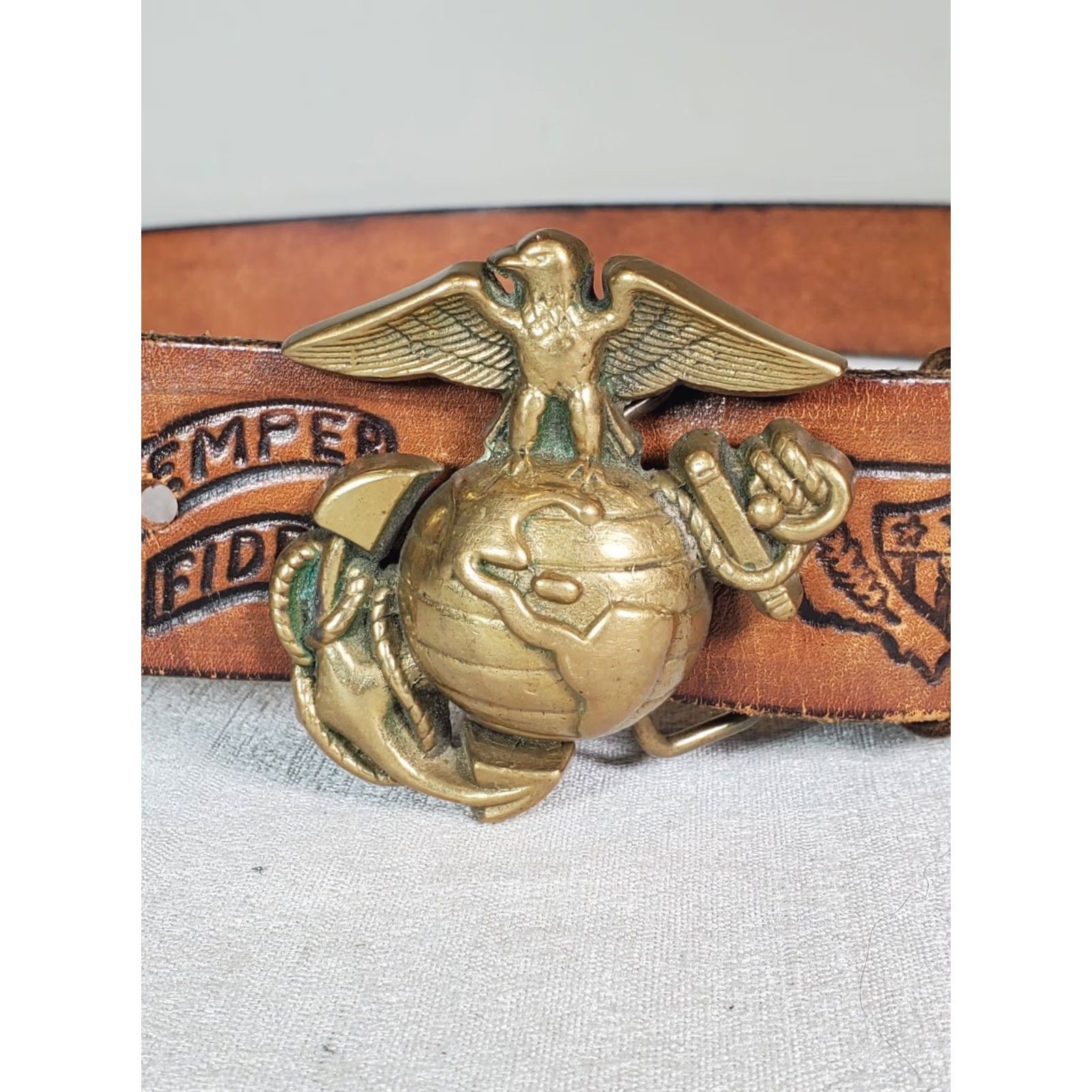 Vintage VINTAGE Baron Buckles USMC Marine Corps Brass Eagle Emblem Belt Buckle Leather Belt Mens Womens Adults Brown 1970s Size ONE SIZE - 3 Thumbnail