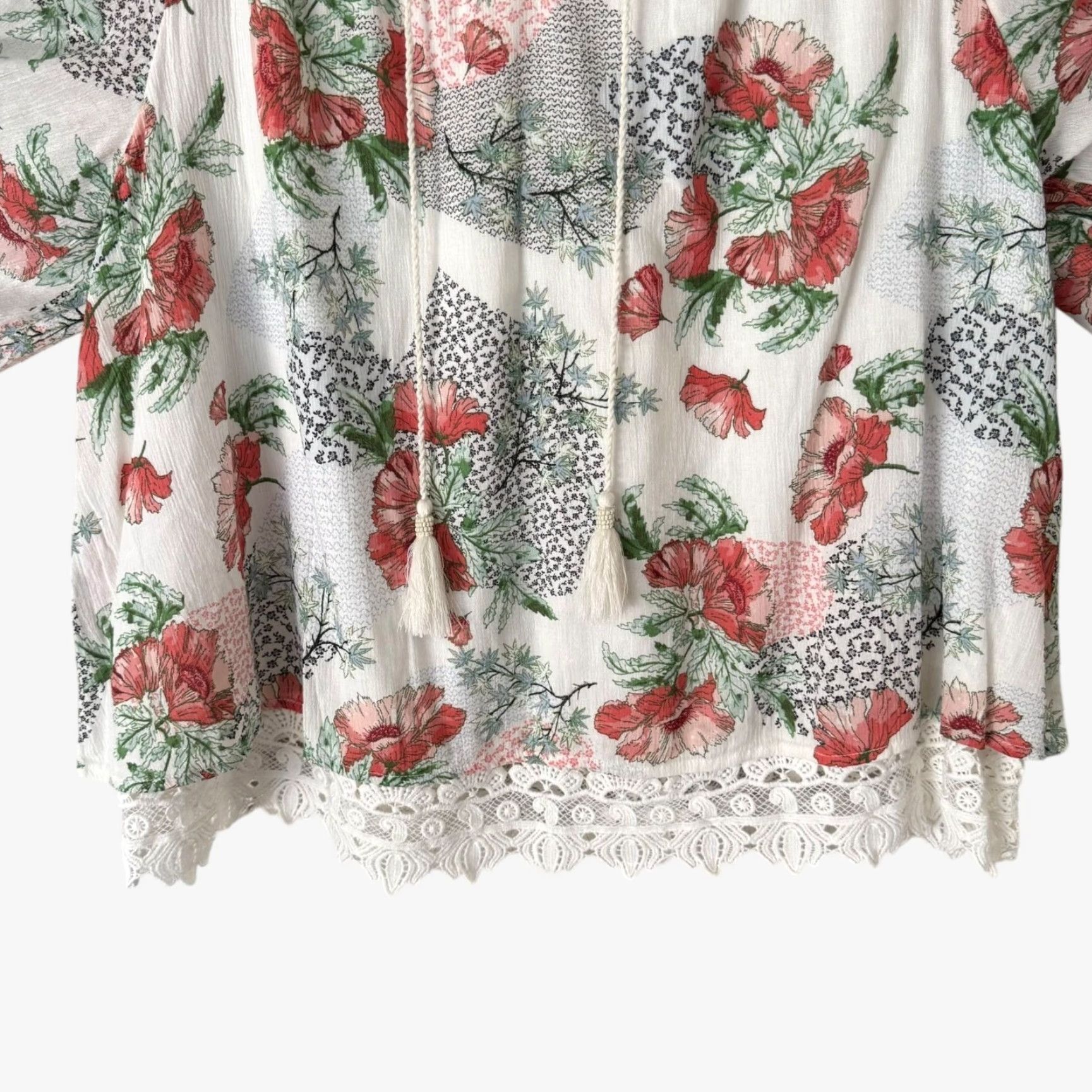 Style & Co VINTAGE Style & Co Floral Peasant Blouse White XL Bell Sleeve Tie-Neck Bohemian Womens Size XL / US 12-14 / IT 48-50 - 6 Thumbnail