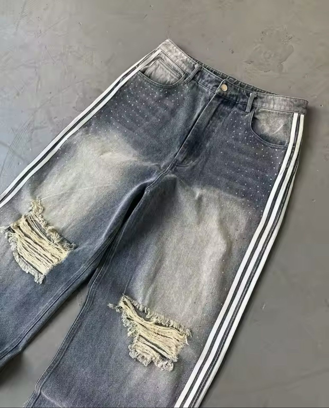 Japanese Brand × Jean style minimalist striped rhinestone loose straight leg jeans Size US 32 / EU 48 - 2 Thumbnail