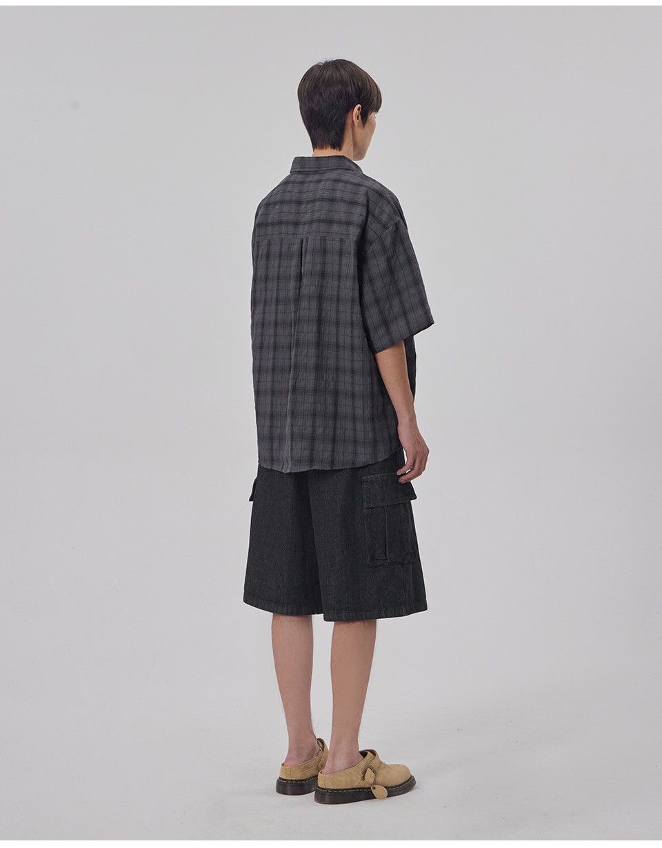 Beams Plus Partimento Wrinkle Check Boxy Roll-Up Half Shirt Dark Navy Size US XL / EU 56 / 4 - 17 Thumbnail