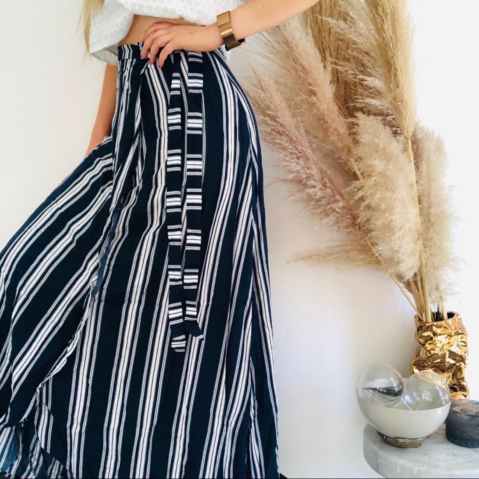 image of Show Me Your Mumu Smym Mumu Navy Blue White Siren Stripe Maxi Wrap Tie Skirt, Women's (Size 27)
