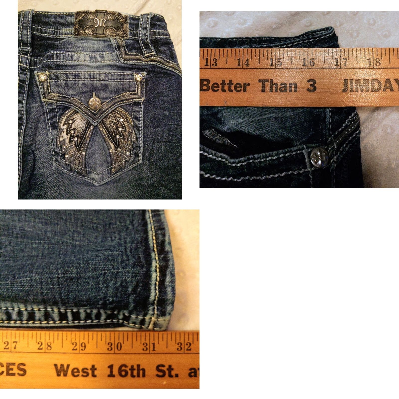 Miss Me Miss Me Rhinestone Embellished Size 31 Signature Straight Low Rise Jeans 33x31 Blue Denim Wild Western Cowboy Rock 5-Pocket Womens Jeans Size 24" / US 00 / IT 34 - 8 Thumbnail