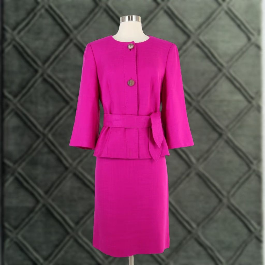 Rena Lange Silk Skirt Suit Blazer Women’s 10 Magenta Pink Lightweight 3-Piece Business Elegant