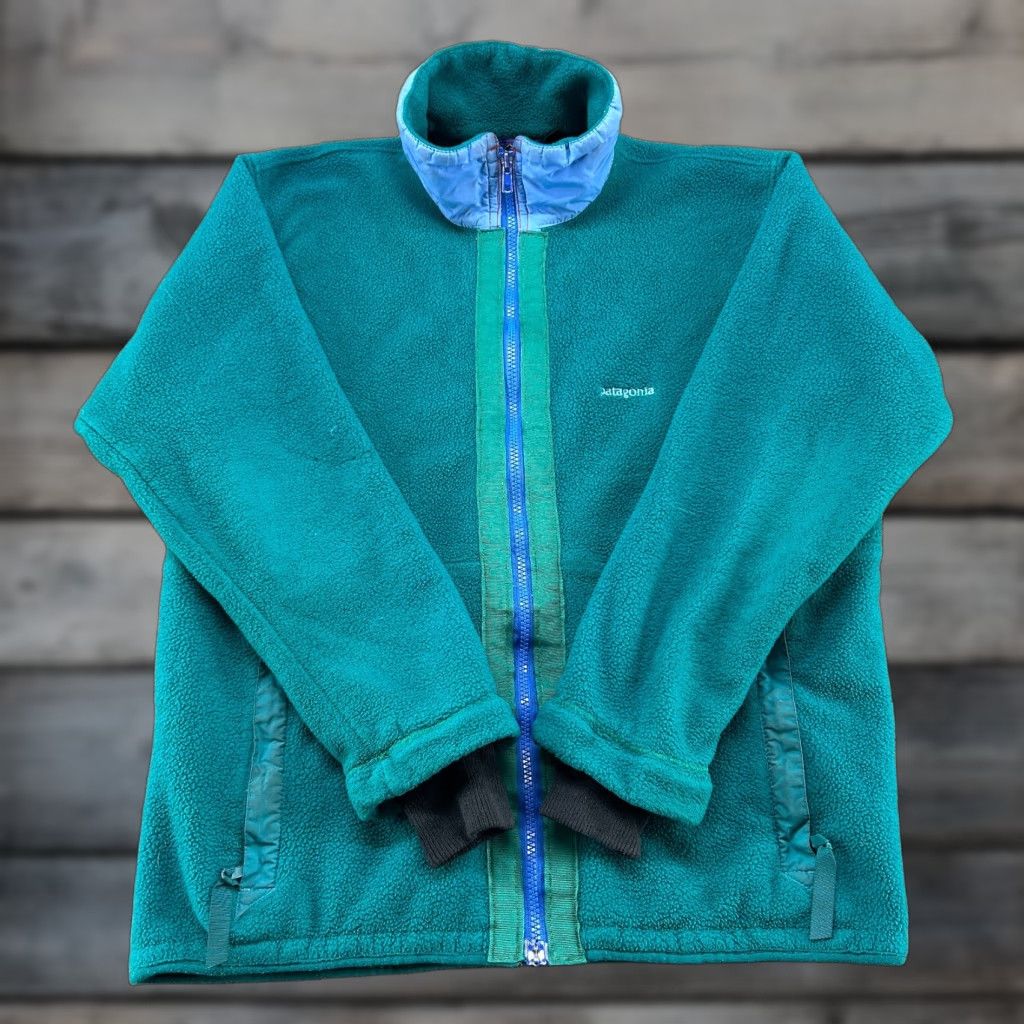 VINTAGE Patagonia Jacket Mens M Blue Teal Fleece Full Zip Logo USA 90s Windbreaker