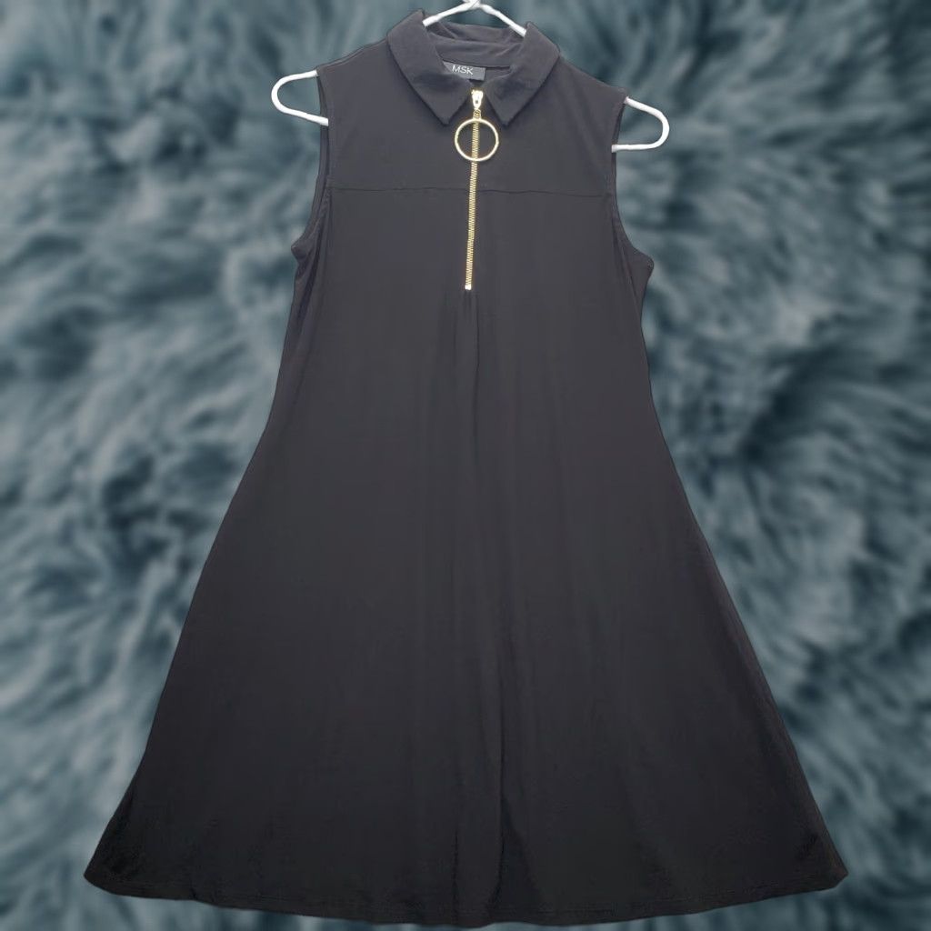 Vintage MSK Women's Small Black Sleeveless A-Line Midi Dress Collared Stretch Zip Size S / US 4 / IT 40 - 1 Thumbnail