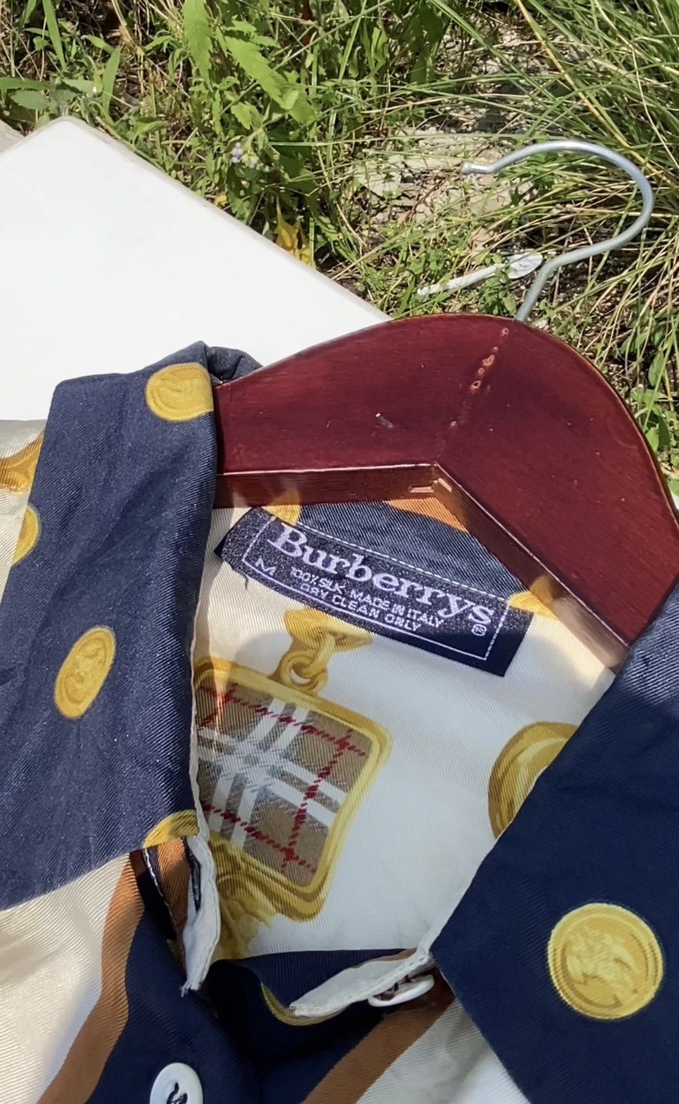 Vtg Burberry Silk Baroque Print Shirt