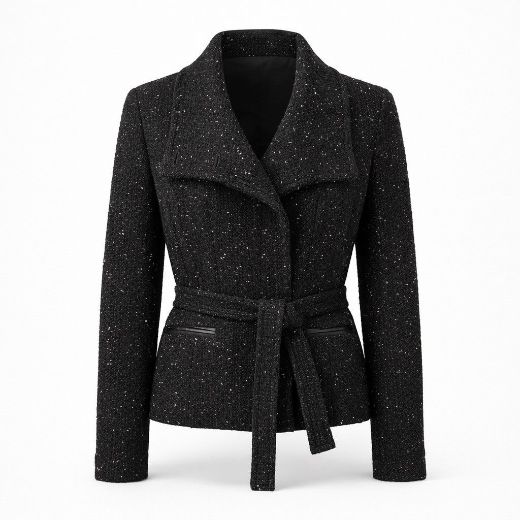 Max Mara Max Mara Black Wool Belted Jacket Tweed Speckled Short Coat Size XS / US 0-2 / IT 36-38 - 1 Thumbnail