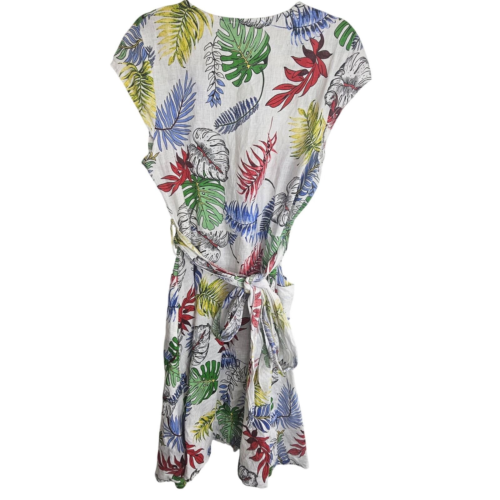 Alessia Pacini Floral Leaf Print Linen Dress L Travel Beach