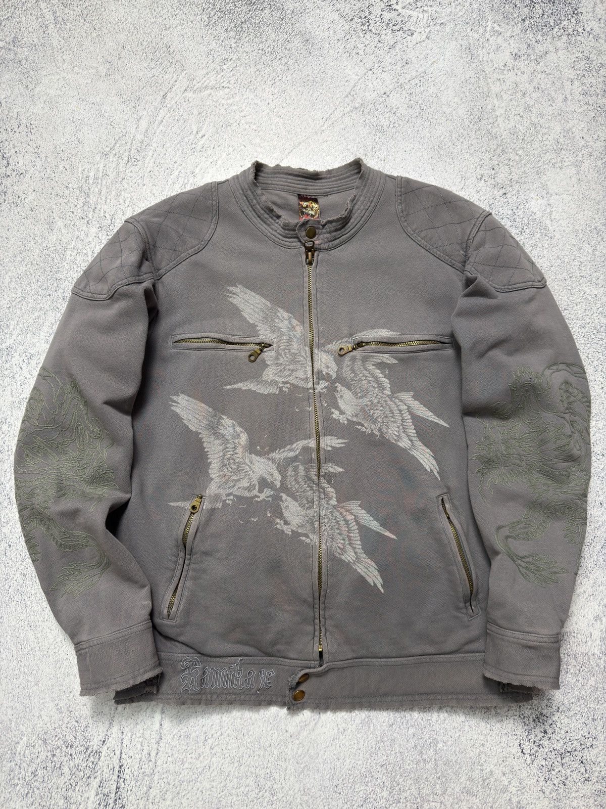 Ed Hardy Ed Hardy Distressed Cotton Motorcycle Jacket Size US L / EU 52-54 / 3 - 9 Thumbnail