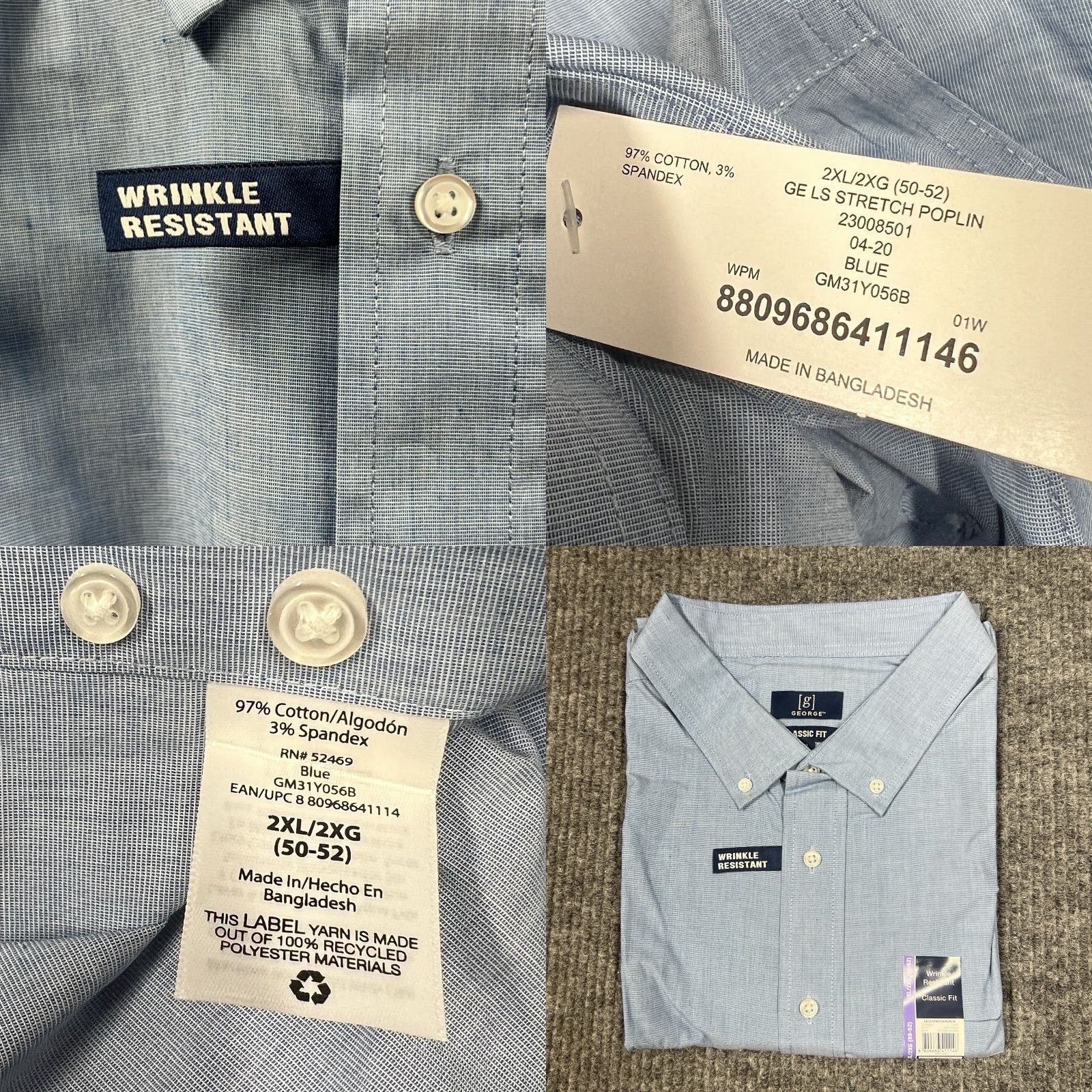 George George Mens 2XL Blue Poplin Classic Fit Stretch Long Sleeve Button Down NWT Size US XXL / EU 58 / 5 - 8 Thumbnail