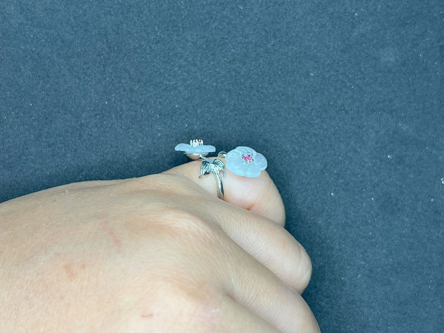 Designer Two White Jade Flowers Silver Ring with Pink Czs Size ONE SIZE - 5 Thumbnail