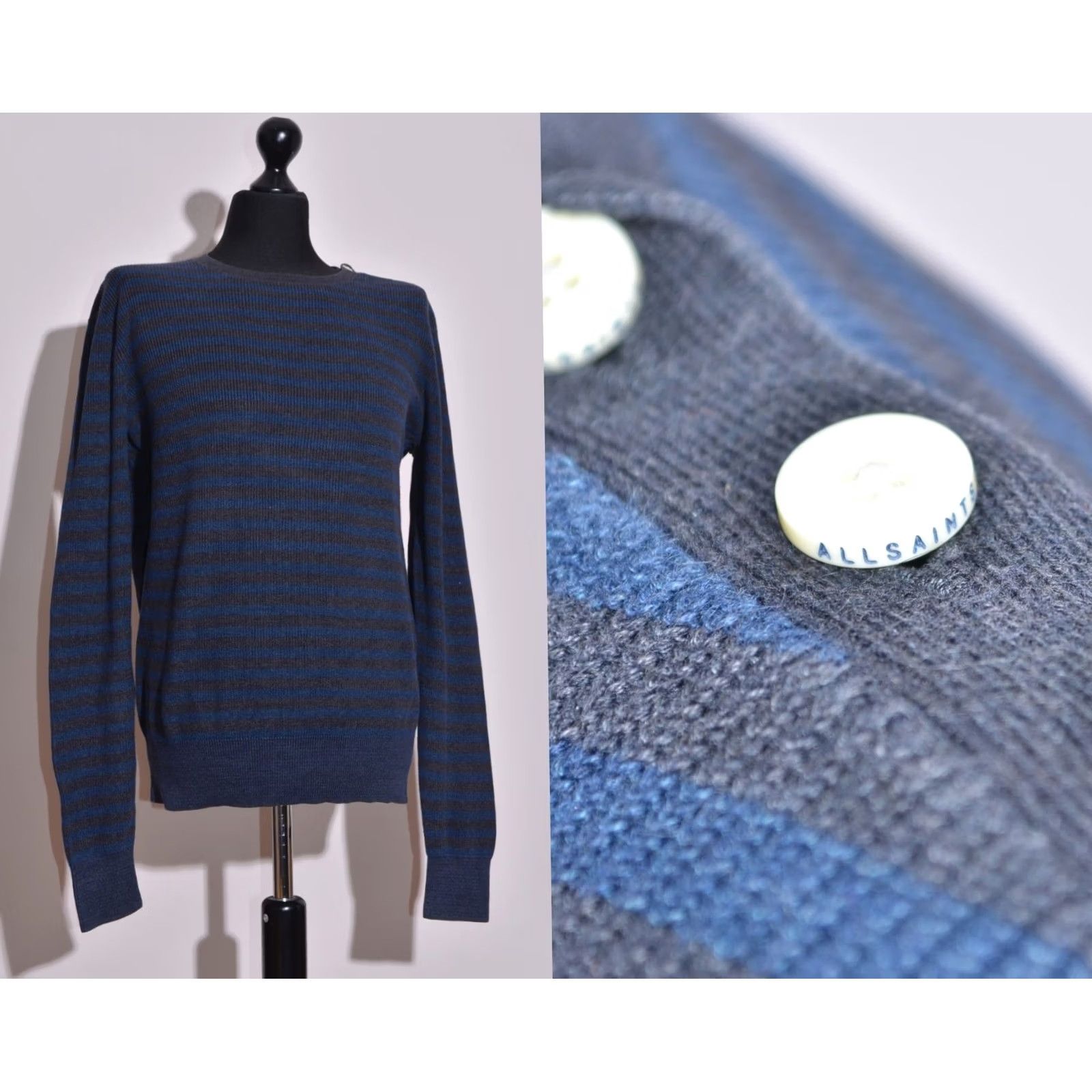 Allsaints AllSaints Sweater Mens Knit Button Striped Cotton Blue Florin Crewneck Sz L Size US L / EU 52-54 / 3 - 2 Thumbnail
