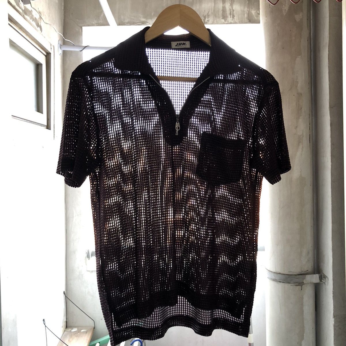 Japanese Brand Vintage 80s Jun Men Woven Transparent Mesh Half Zip Shirt Size US M / EU 48-50 / 2 - 1 Thumbnail