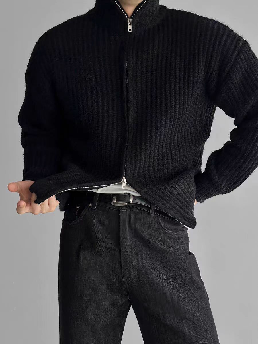 Japanese Brand Vintage Double Zipper Black XL Knit Stand-Up Jacket Coat Size US XL / EU 56 / 4 - 2 Thumbnail
