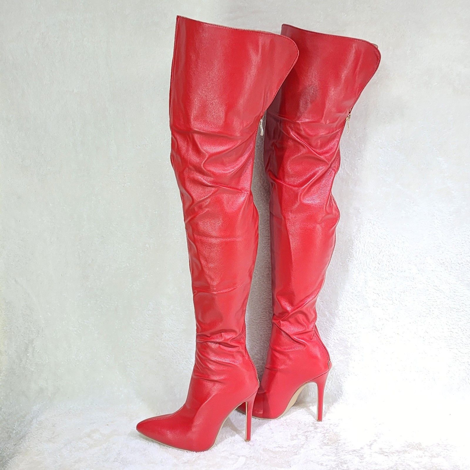Other Red Faux Leather Thigh High Boot Stiletto Heels Back Zipper Size US 10 / IT 40 - 3 Thumbnail