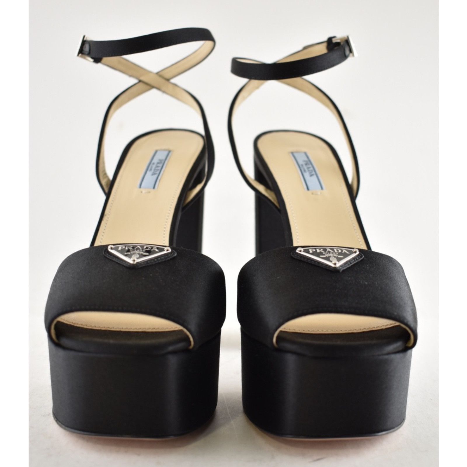Prada Prada 135mm Black Satin Logo Platform Sandal Ankle 41.5 Size US 11.5 / IT 41.5 - 9 Thumbnail