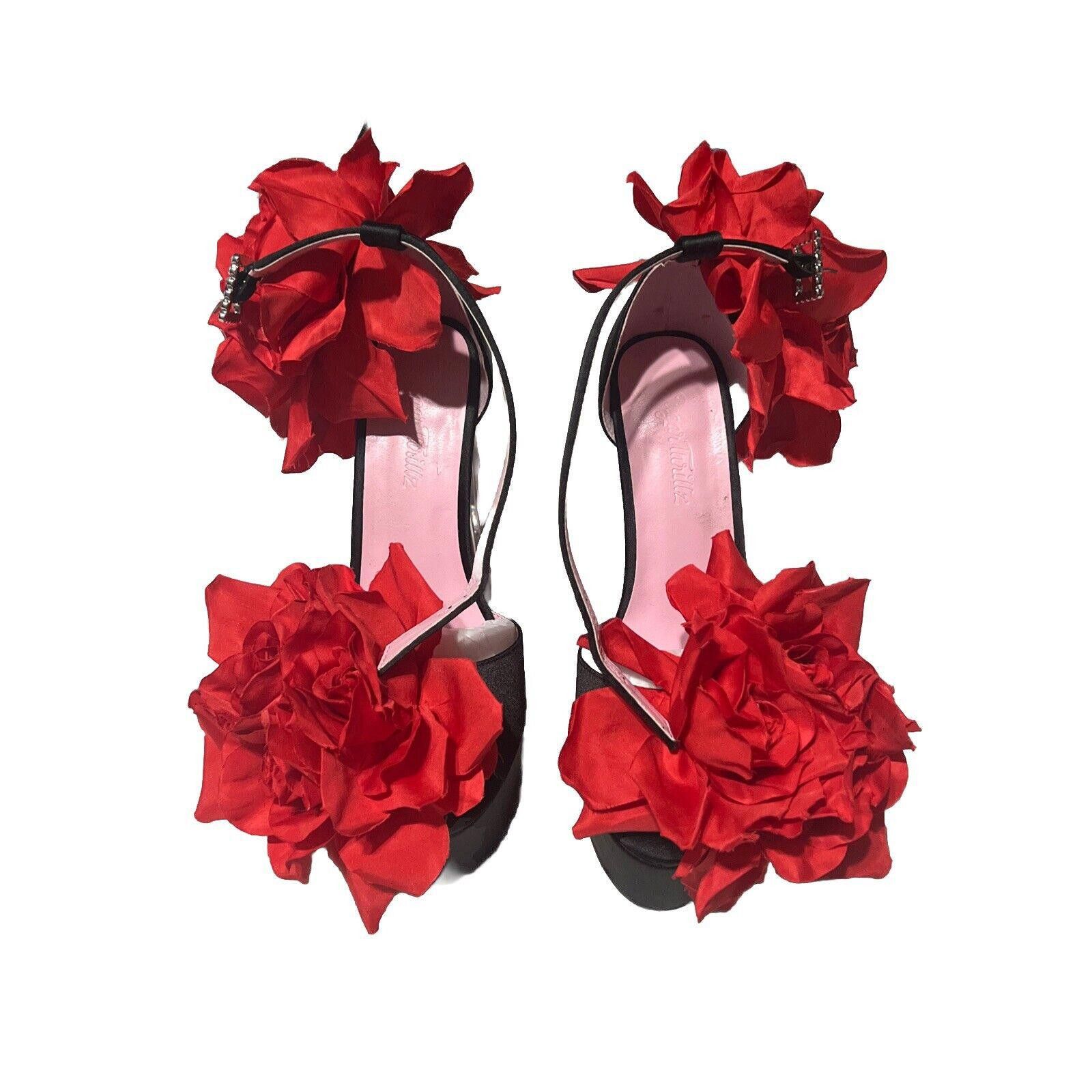 Designer Size 8 Two To Tango Rose Platform Heels Faux Flowers Black Size US 8 / IT 38 - 3 Thumbnail