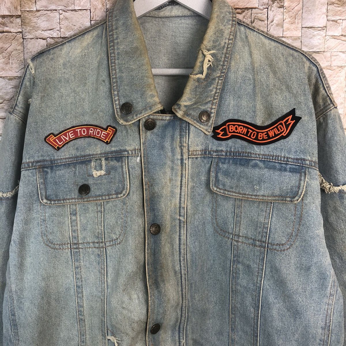 Japanese Brand Born To Wild Blue ripped patchwork Denim Jacket #A25 Size US XL / EU 56 / 4 - 5 Thumbnail