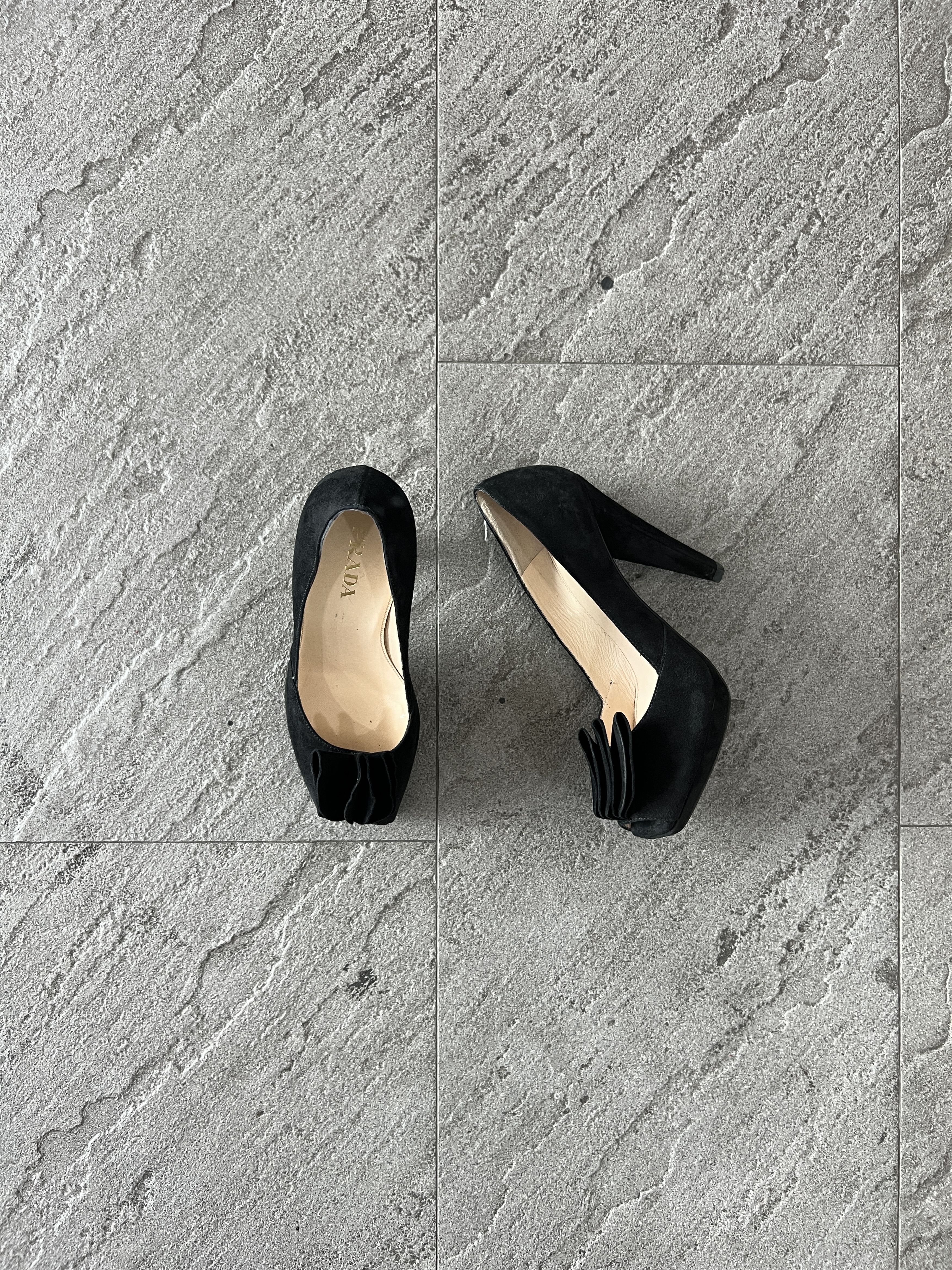Prada Prada Suede Platform Peep Toe Heels Black 37.5 Size US 7.5 / IT 37.5 - 1 Thumbnail