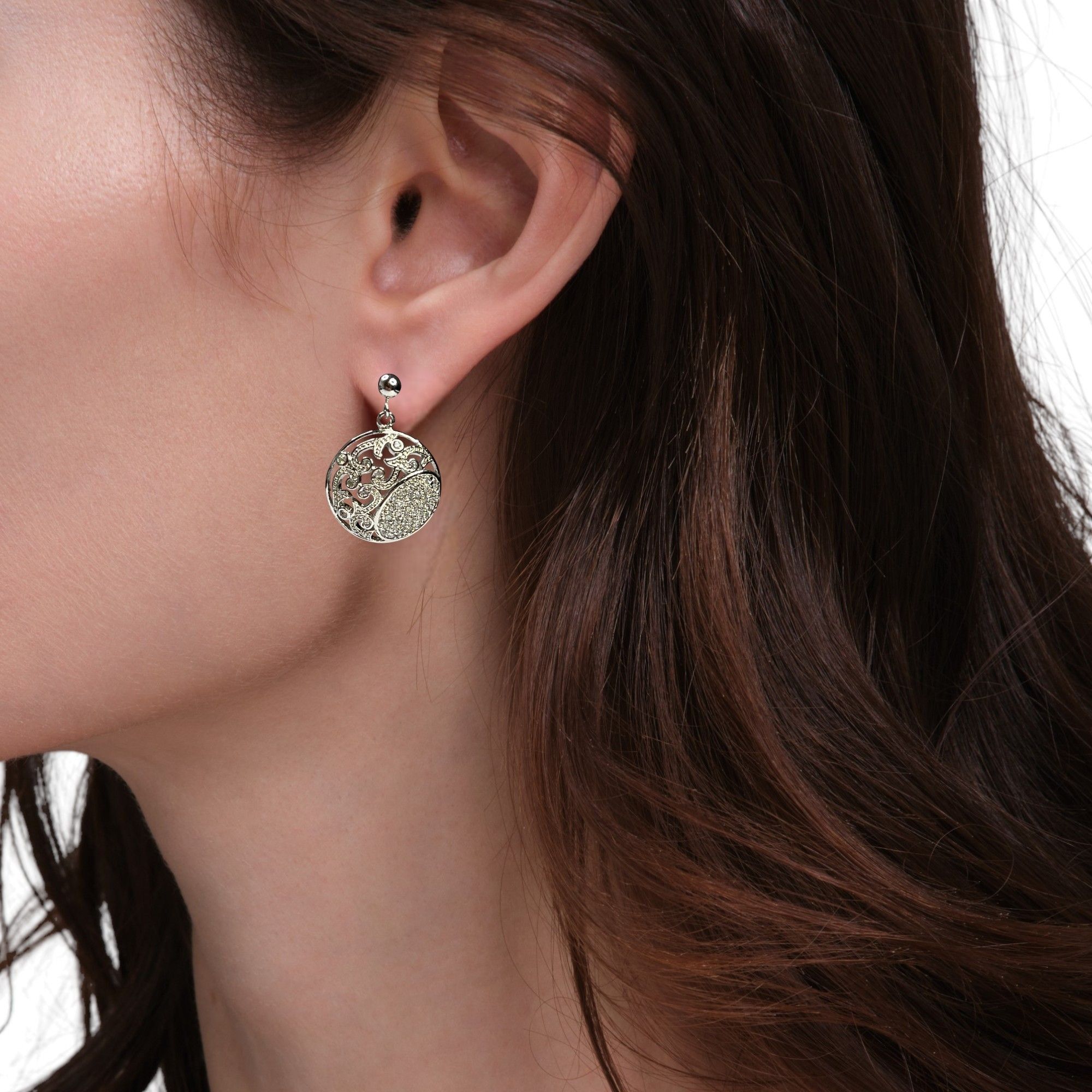 Designer Silver-Tone Filigree Oval Disc Drop Earrings With Sparkling Size ONE SIZE - 2 Thumbnail