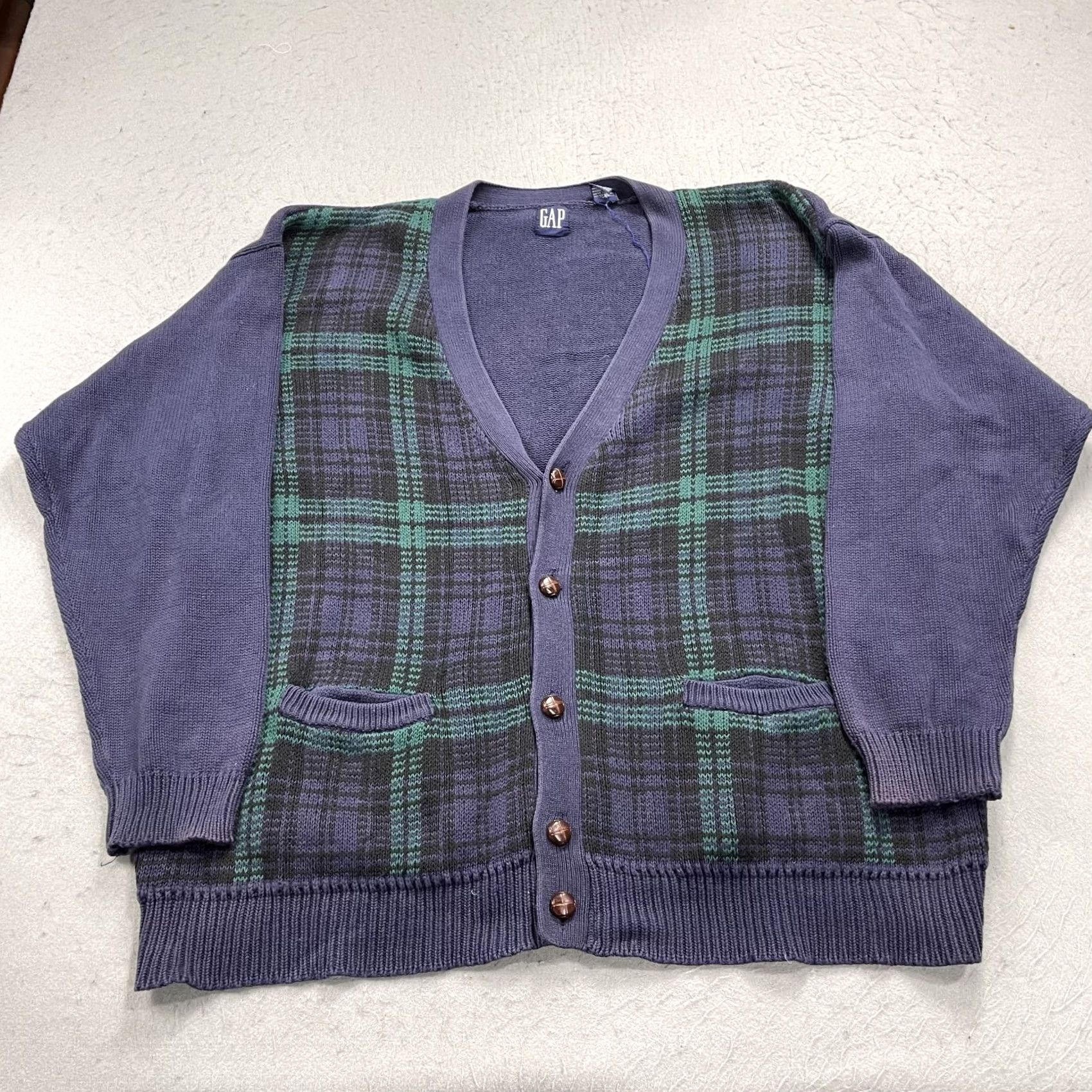 Gap VINTAGE Gap Sweatshirt Mens XL Blue Grandpa Plaid Knit Cardigan Cotton 90s Size US XL / EU 56 / 4 - 2 Thumbnail