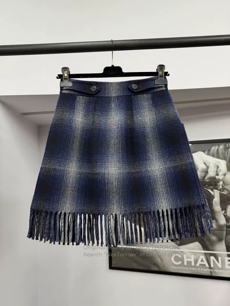 Dior Dior Blue plaid wool tassel skirt Size 42" / US 20 - 2 Thumbnail