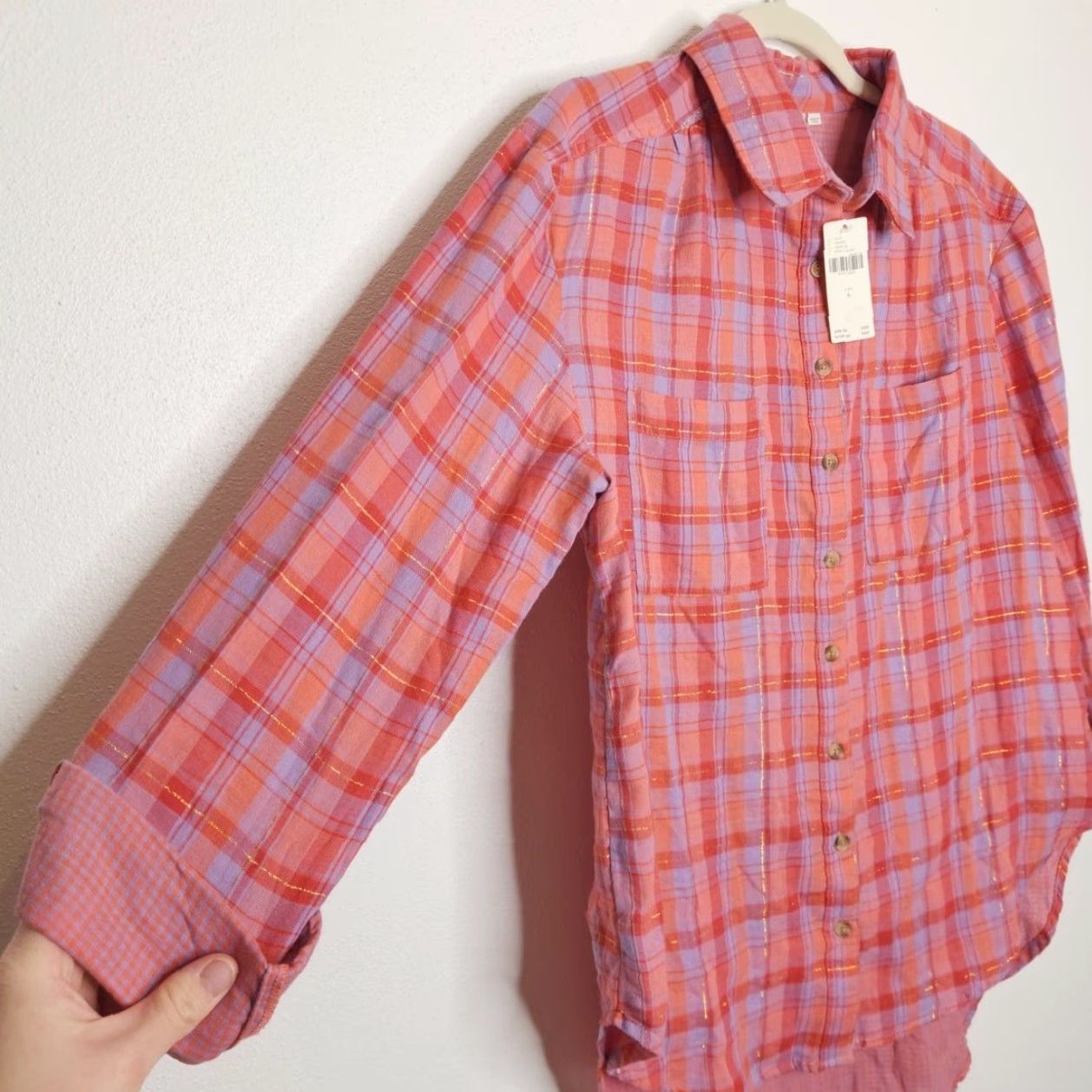 Anthropologie VINTAGE Seen Worn Kept Pink Metallic Flannel Button-Up Womens 6 NWT Anthropologie Shirt Size M / US 6-8 / IT 42-44 - 2 Thumbnail