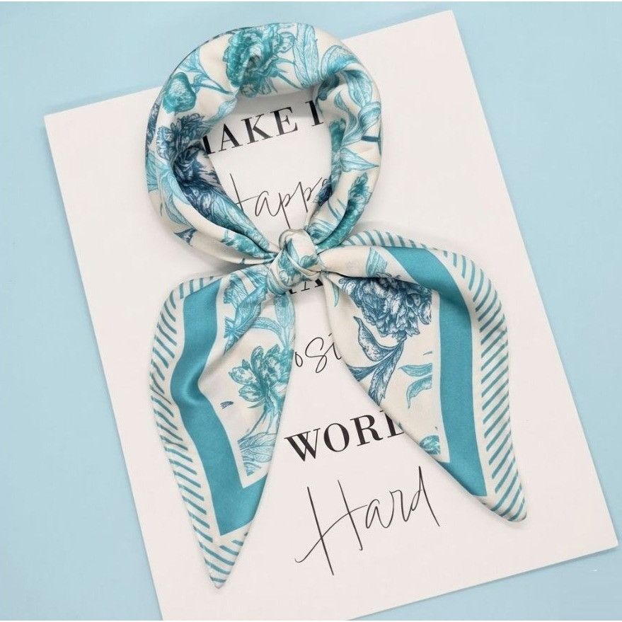 Other New Elegant Bandana Square Scarf Soft Cream and Blue FLOWERS Size ONE SIZE - 1 Thumbnail