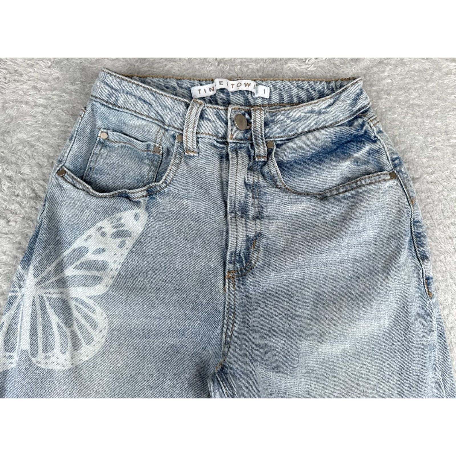 Vintage Tinseltown Jeans Juniors 1 Blue Denim Wide Leg 90s Look Butterfly High Rise 23x30 Women Jeans Mens Womens Size 25" / US 0 / IT 36 - 4 Thumbnail