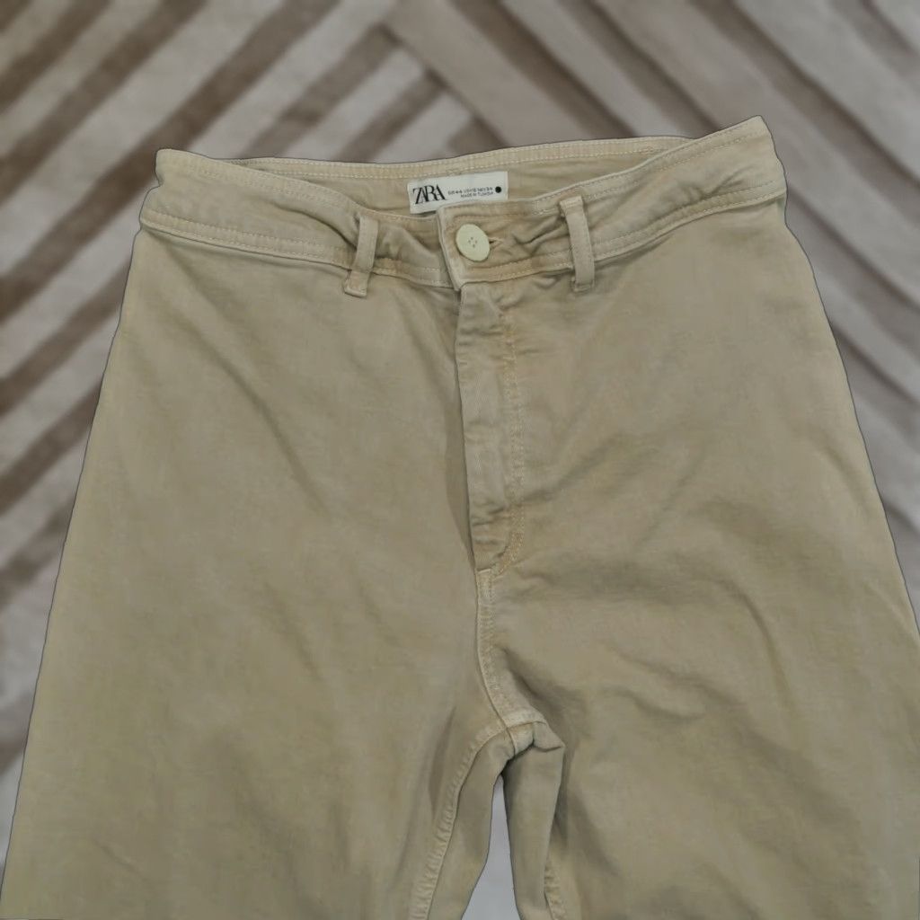 Zara Zara Pants Womens 12 Tan Khaki Wide-Leg Baggy Raw Hem Casual Workwear Beige Midi Cropped Lightweight Size 30" / US 8 / IT 44 - 1 Thumbnail