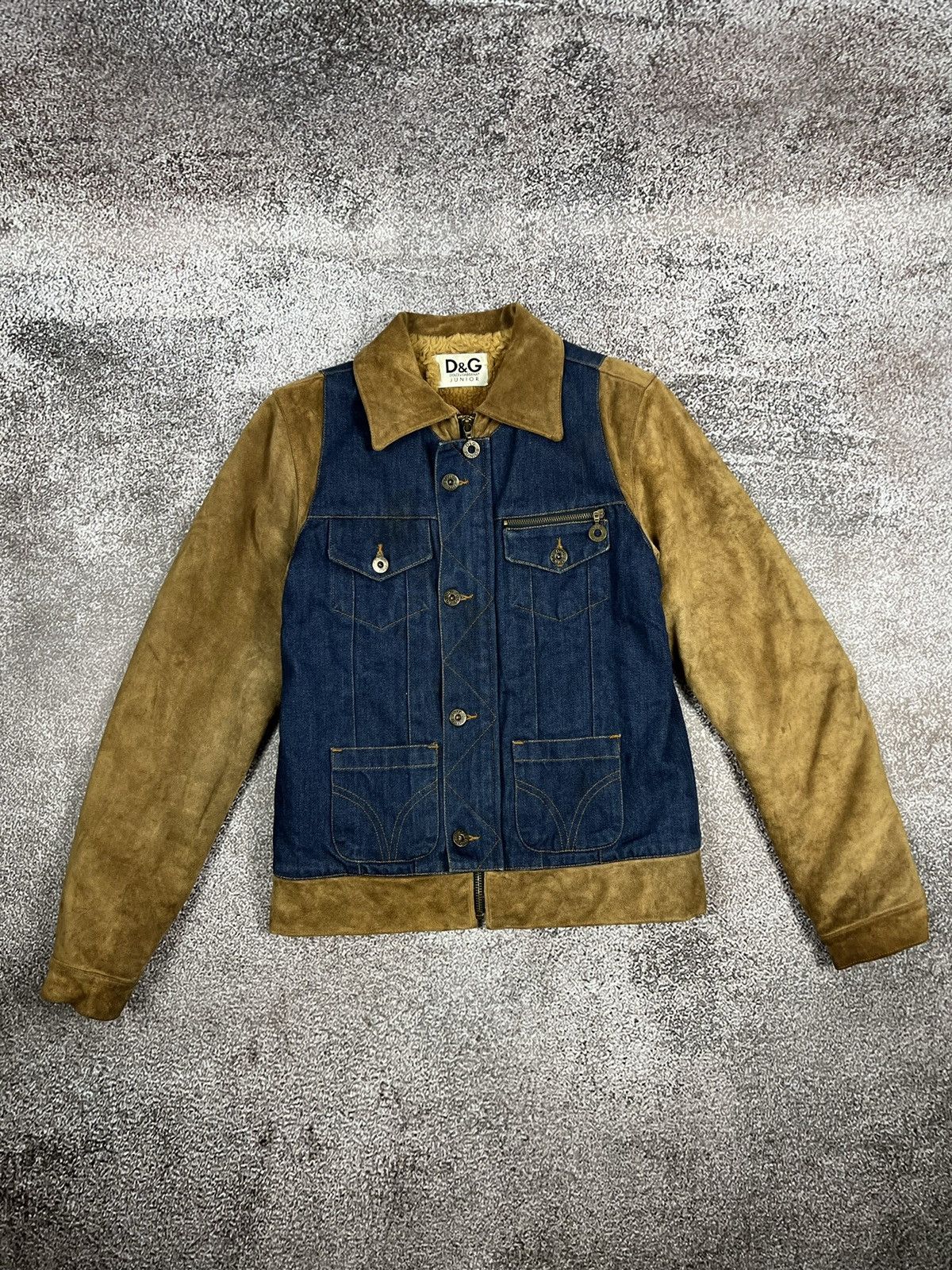image of Dolce Gabbana Leather Denim Trucker D&g Sherpa Fleece Y2K in Navy/Brown, Women's (Size XS)