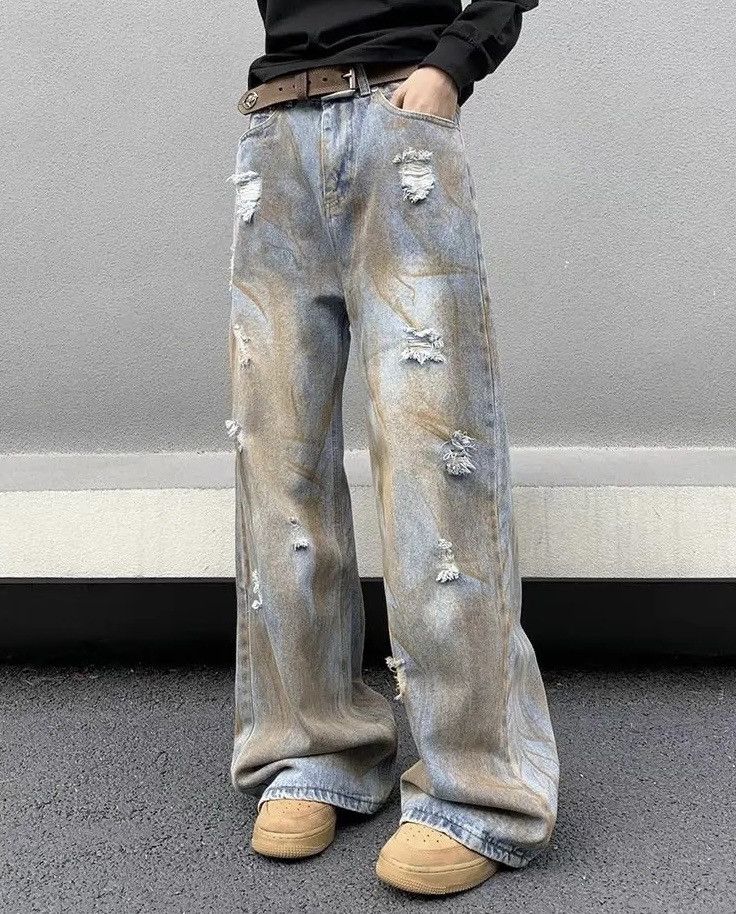 Image of Distressed Denim x Jean Dirty Wash Blue Baggy Distressed Jeans, Men's (Size 31)