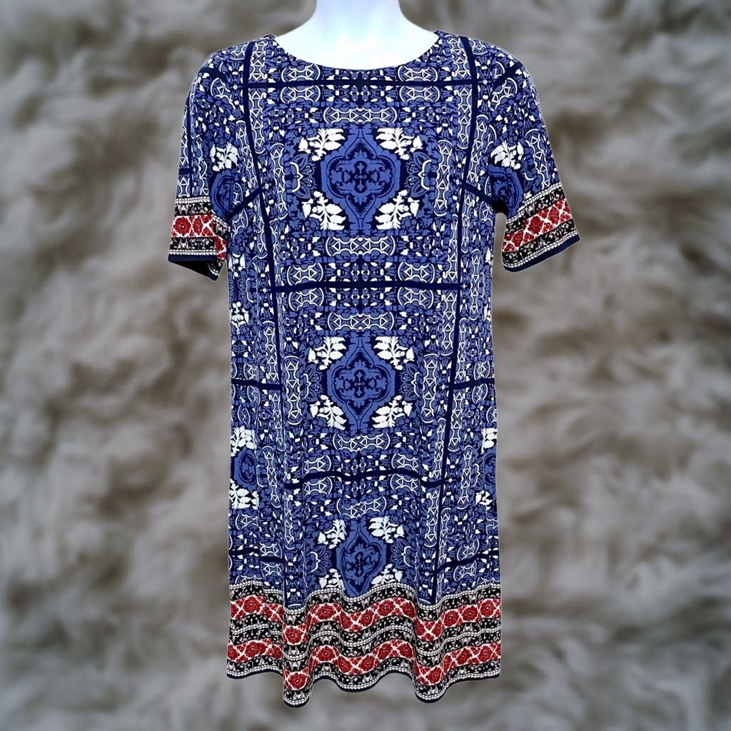 Vintage Westport 1962 Shift Dress 16 Blue Red Medallion Bandana Boho Chic Artsy Stretch Size XXL / US 16-18 / IT 52-54 - 1 Thumbnail