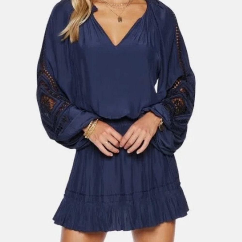 image of Ramy Brook Navy Blue Emmett Embroidered Balloon Poet Long Sl, Women's (Size XS)