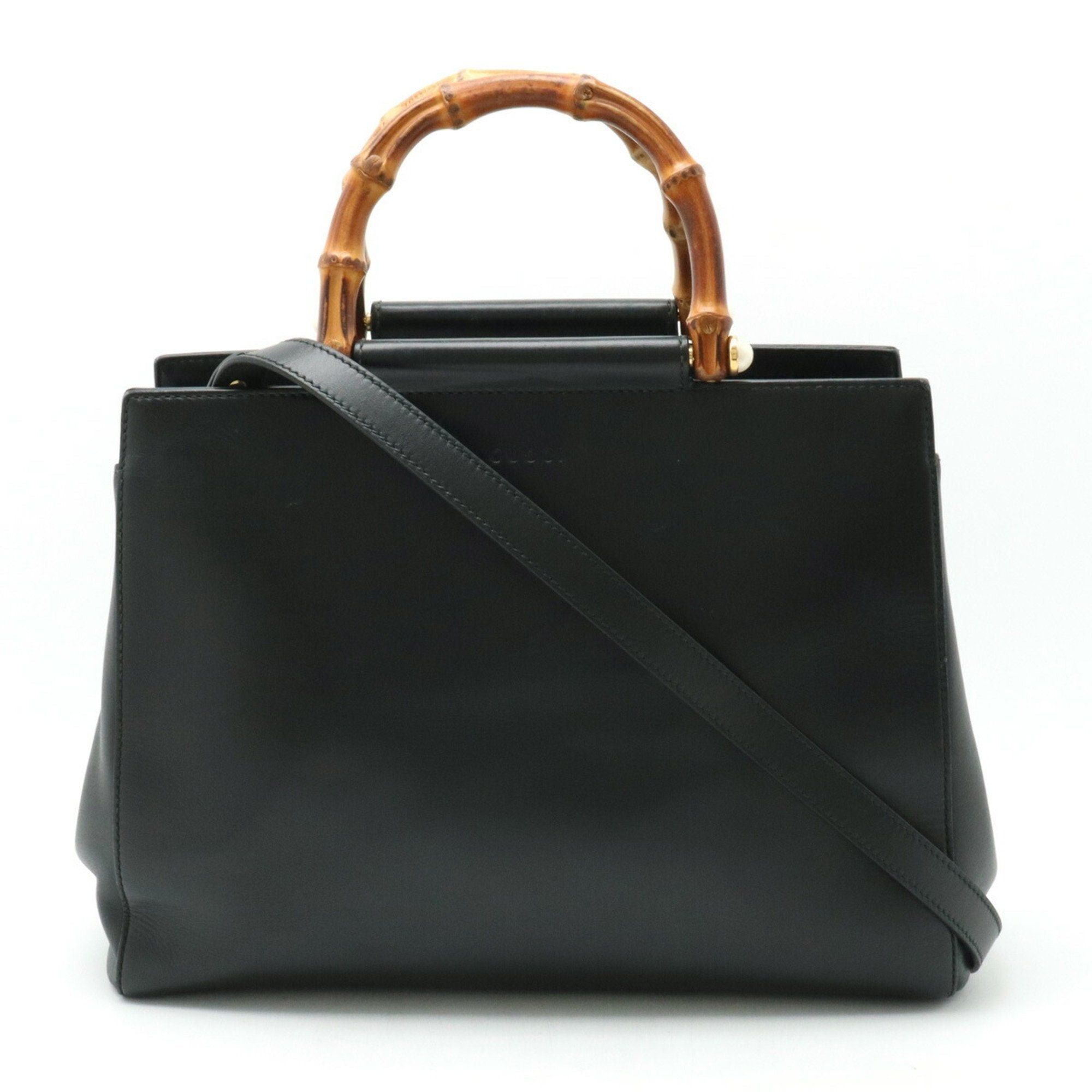 image of Gucci Nimfair Bamboo Handbag Shoulder Bag Leather Faux Pearl Black 453766, Women's