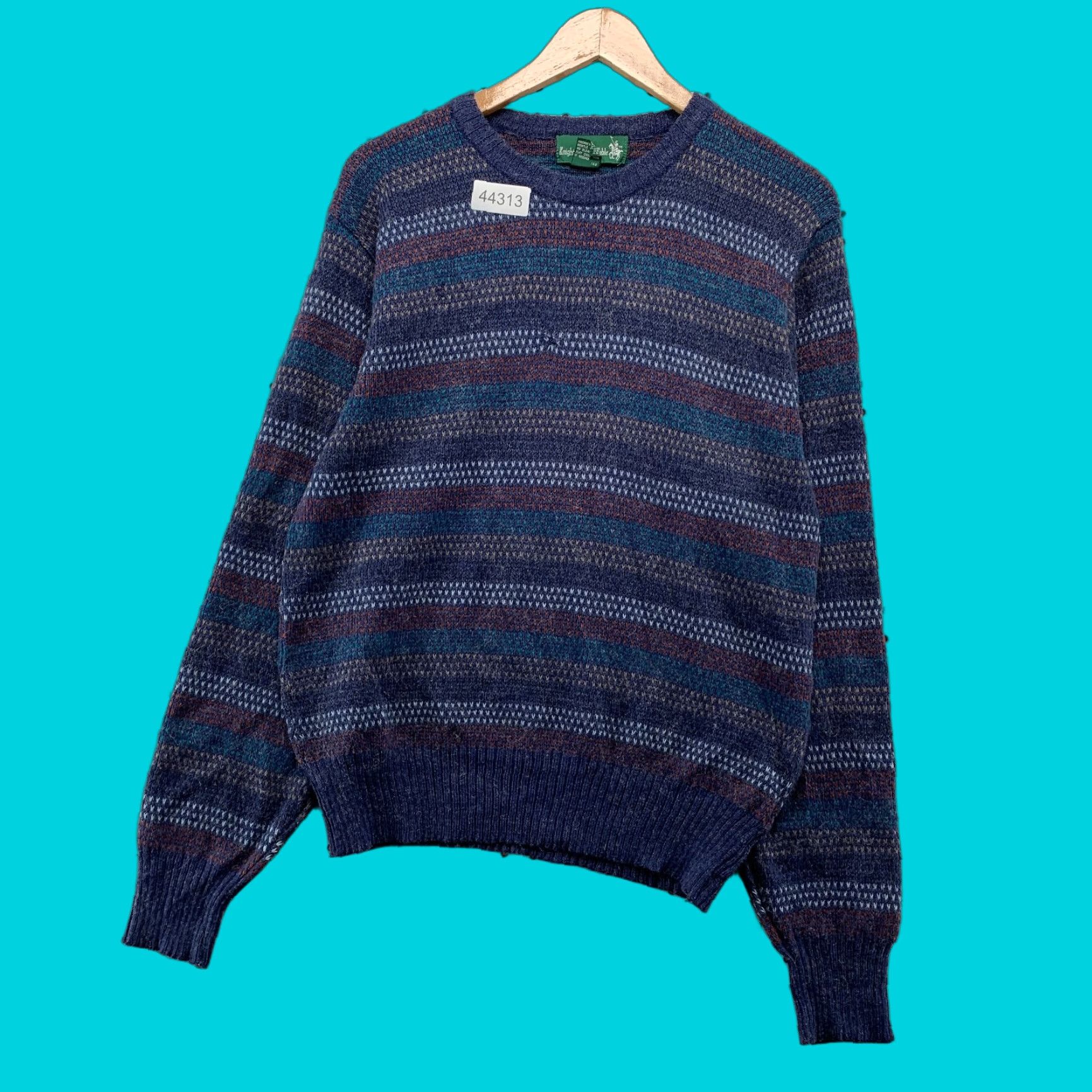 VINTAGE Knights Sweater Men Large Blue Wool Blend Striped Crewneck Knit Pullover Mens