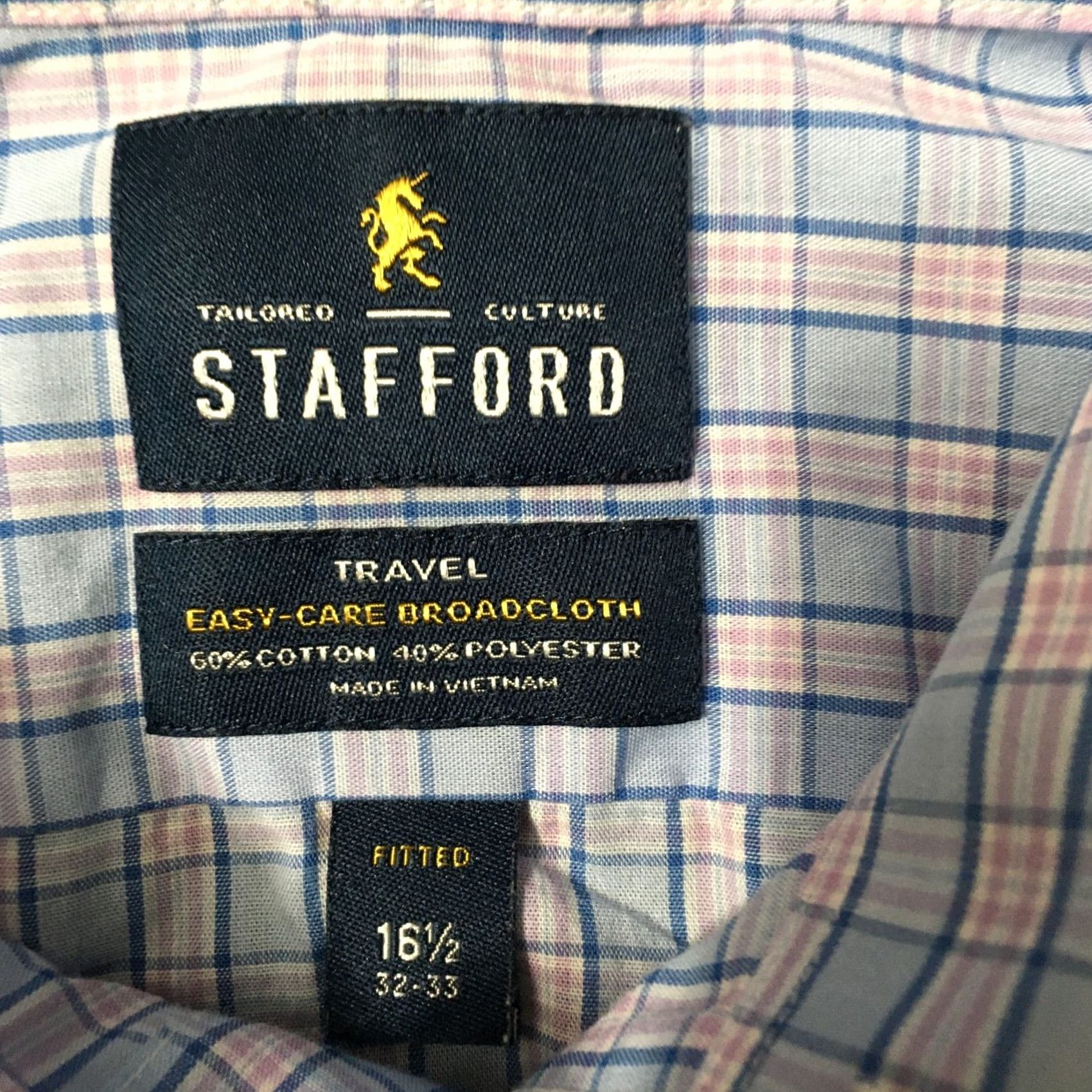Stafford Stafford Dress Shirt Mens 16.5 32/33 Blue Pink Button Up Easy Care Travel Shirt Mens Dress Shirt Blue 16.5x32/33 Regular Cotton Polyester Button Up Size 46R - 3 Thumbnail