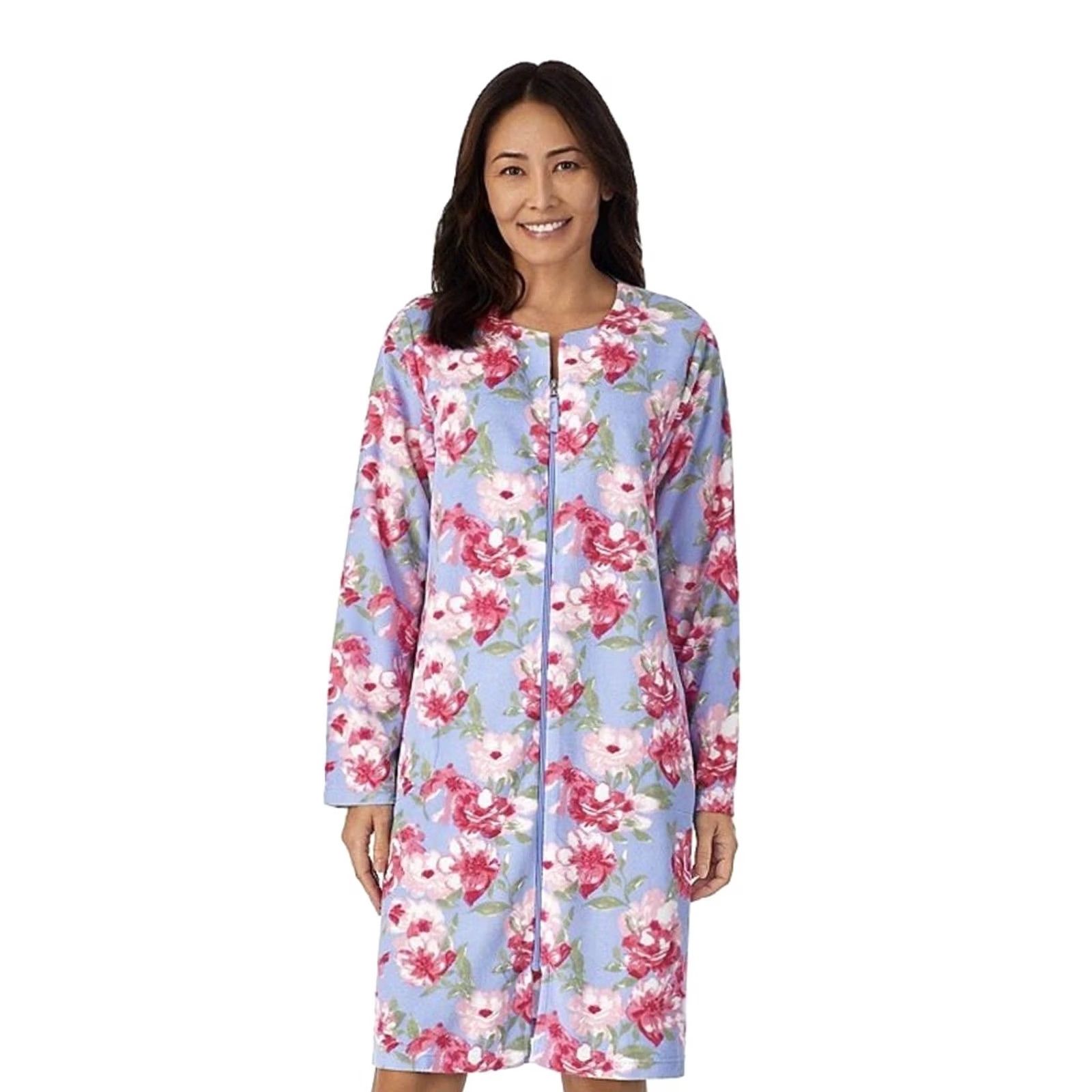 Vintage Stan Herman Robe Womens 3X Blue Floral Fleece Zip Front Long Sleeve Kaftan Size XXL / US 16-18 / IT 52-54 - 3 Thumbnail