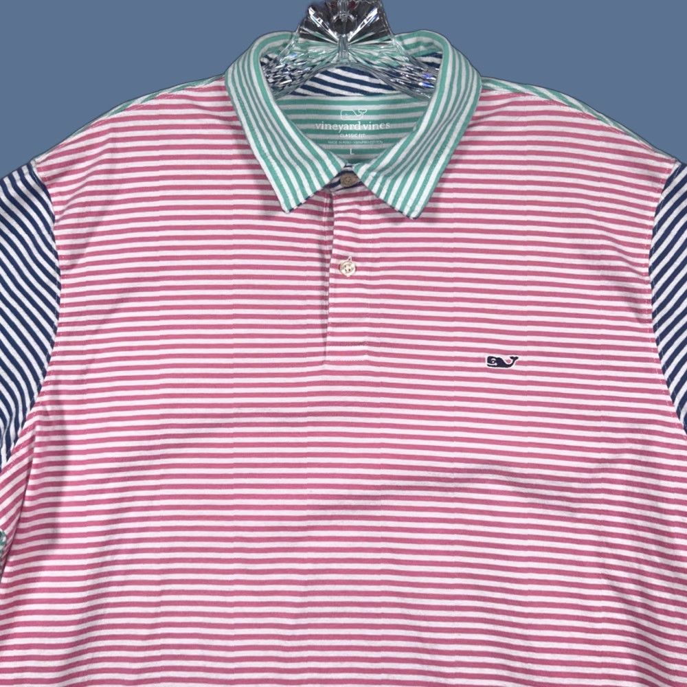 Vineyard Vines Vineyard Vines Mens Polo Short Sleeve Classic Fit Pima Cotton L Pink Green Blue Striped Button Collared Casual Golf Walking Men Regular XS? Wait Size US L / EU 52-54 / 3 - 1 Thumbnail