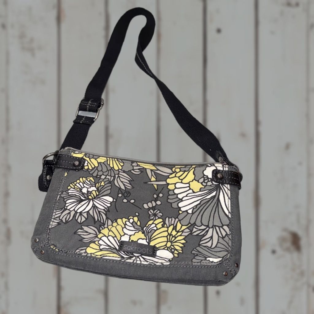 Vintage Sakroots Artist Circle Crossbody Purse Canvas Gray Yellow White Flower Blossom Floral Pattern, Zip, Adjustable Strap, Tote? Size ONE SIZE - 1 Thumbnail