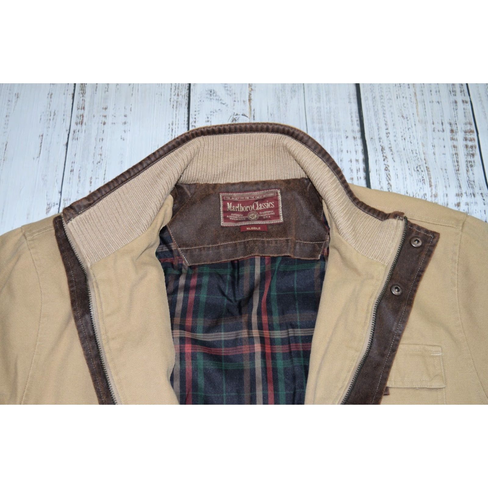 VINTAGE Marlboro Classics Canvas Work Jacket Khaki Plaid Lined Full Zip XL 90s Mens
