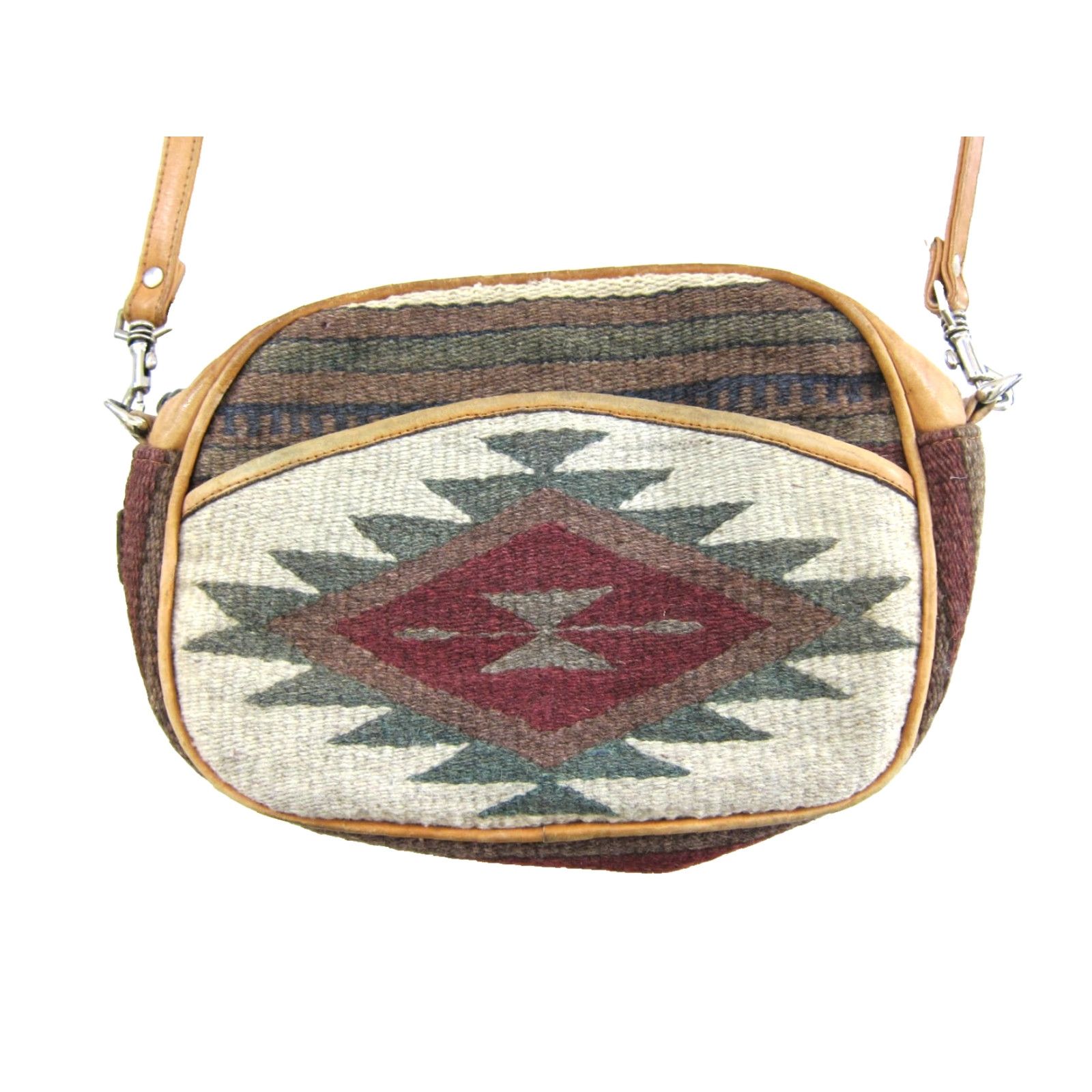 Vintage VINTAGE Bernardo Mexico Brown Leather Green Red Wool Carpet Kilim Satchel Purse Leather Purse Bag Size ONE SIZE - 5 Thumbnail