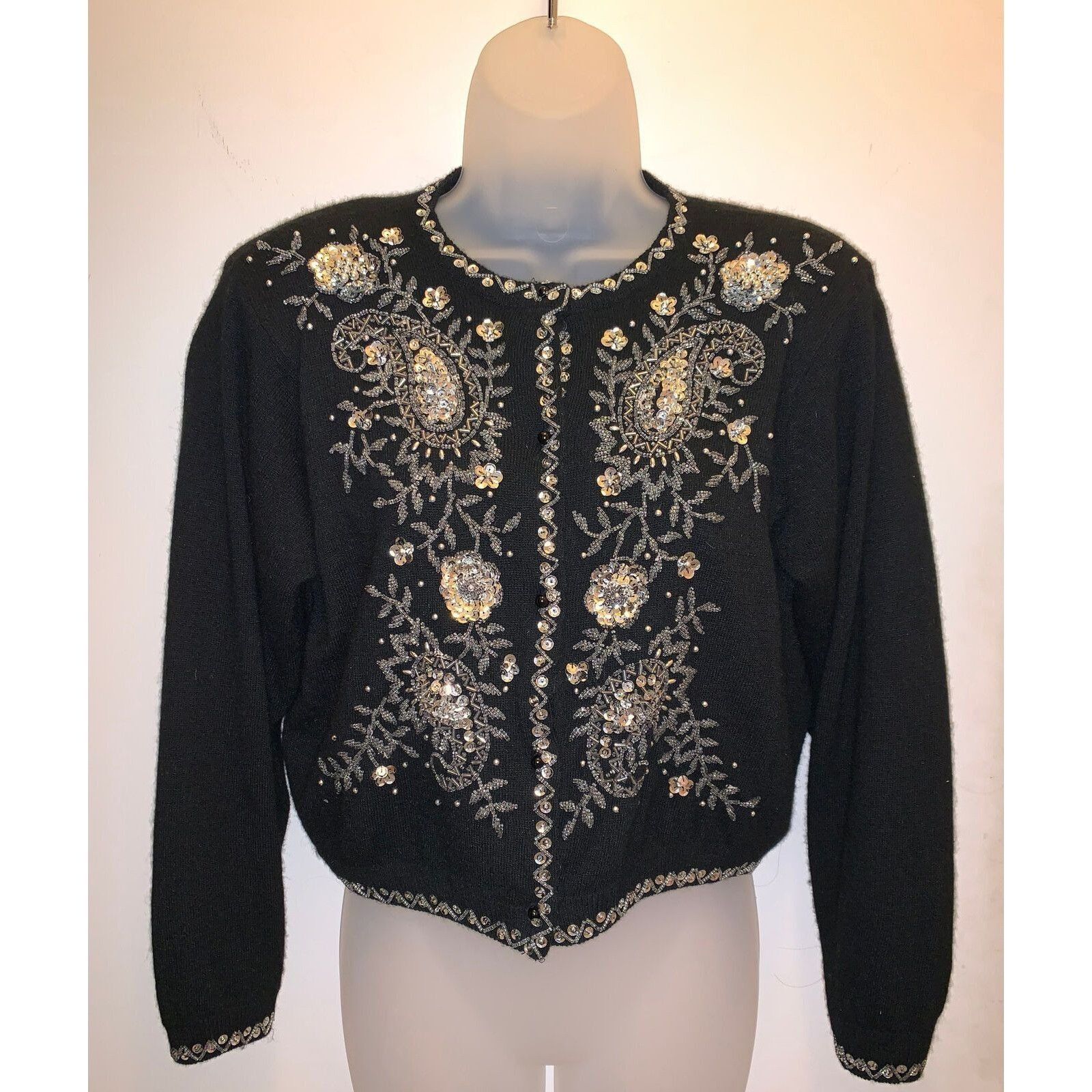 Express Vtg EXPRESS Hand Beaded Sequined Black Angora/Lambswool Card Size S / US 4 / IT 40 - 1 Thumbnail