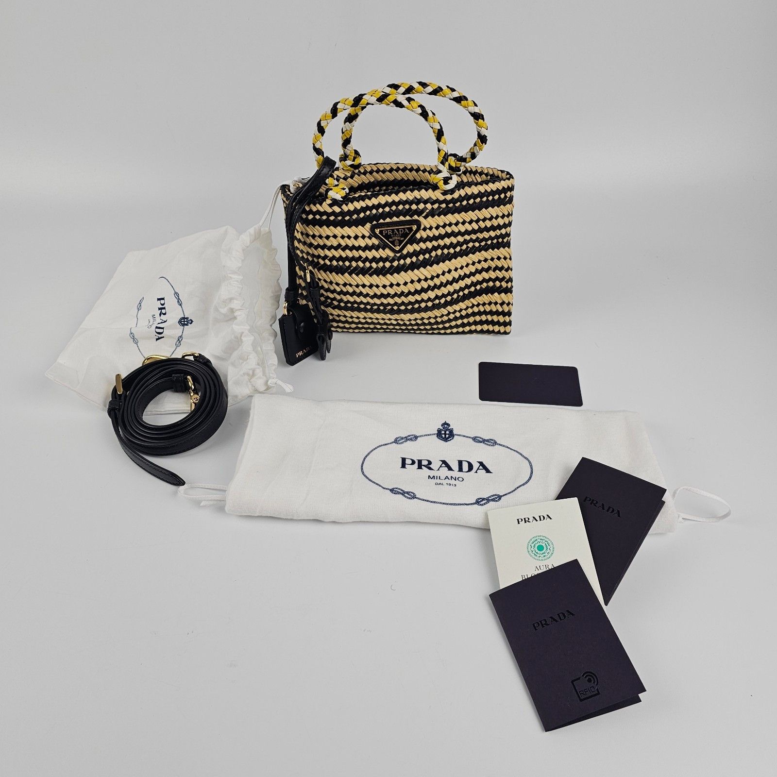 Prada PRADA Two-Tone Striped Black Yellow Raffia Shopper Shoulder Size ONE SIZE - 3 Thumbnail