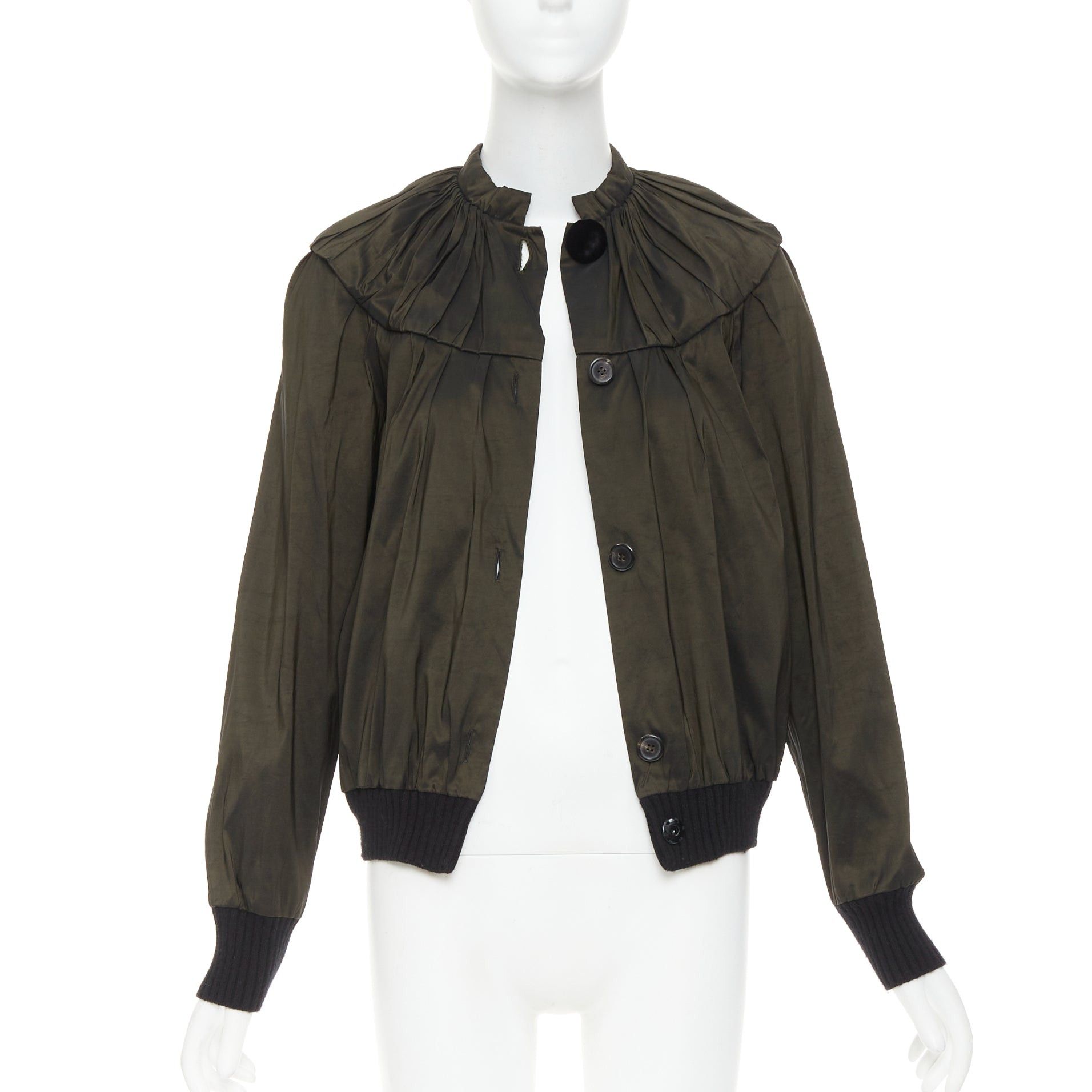 Lanvin LANVIN 2006 olive green silk blend ruched rib contrast blouse overshirt FR36 S Size S / US 4 / IT 40 - 1 Thumbnail