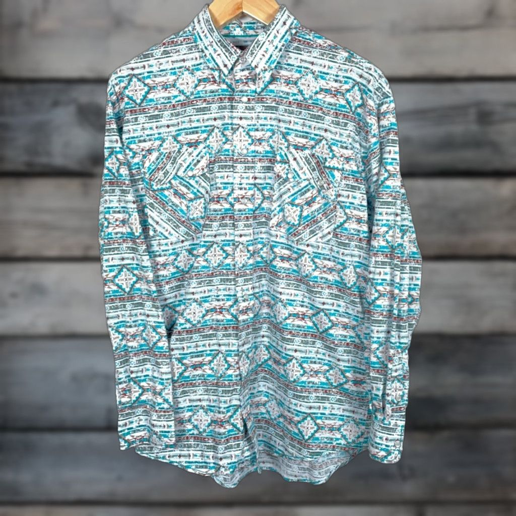 Vintage VINTAGE Panhandle Slim Rough Stock Shirt Mens Large Blue Sawtooth Pocket Casual 1990s Western Mens Size US L / EU 52-54 / 3 - 1 Thumbnail