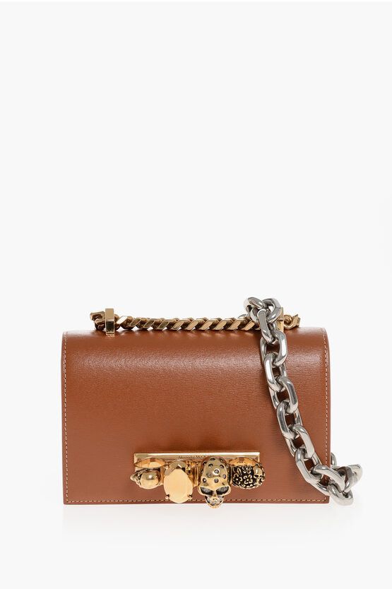 Alexander Mcqueen Leather Jewelled Satchel Mini Bag With Shoulder Chain in Brown, Women's