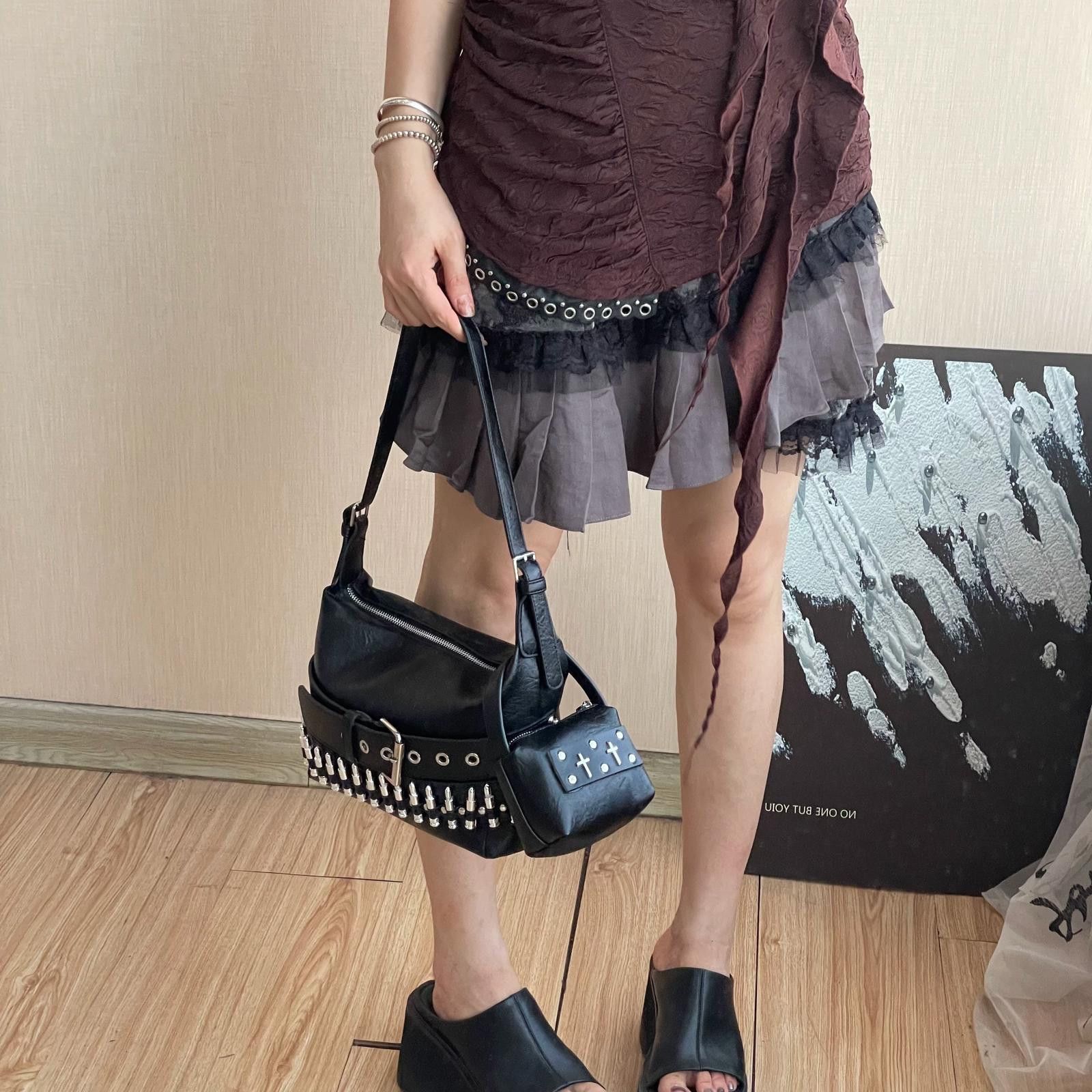 Leather Black Studded Leather Shoulder Bag with Cross Charm Size ONE SIZE - 5 Thumbnail